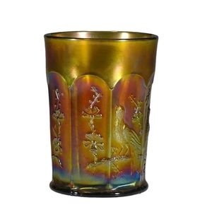 Set of Six Northwood Singing Bird Tumblers- Marigold Carnival Glass